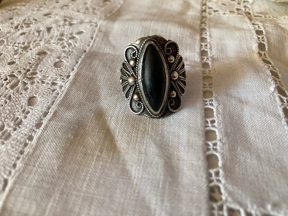 1920s Fred Harvey Era Art Nouveau Art Deco Intricate Mexican Sterling Silver & Jet Ring