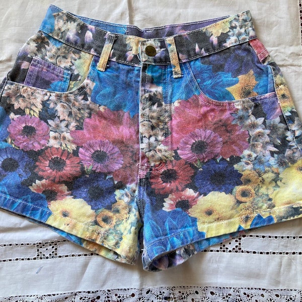 RARE! 1990s Y2K Gorgeous Paris Blues Mid to High Waisted Photo Photography Floral Flower Printed Denim Cutoffs Cutoff Shorts MTV Daisy