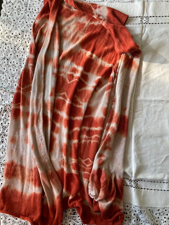 1990s Brunhilda Orange Rust Tie Dye Linen Knit Ve… - image 7