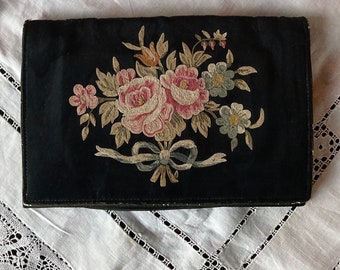 1910s Antique French Petit Needlepoint Embroidered Point De Beauvais Tambour Flowers Moire Silk Clutch Purse