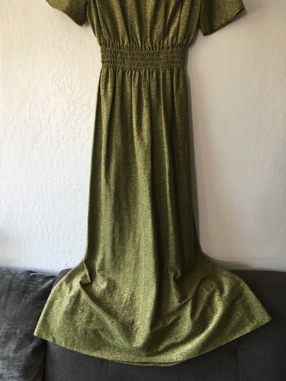 1960s Metallic Olive Lurex Cinched Maxi Dress - image 6