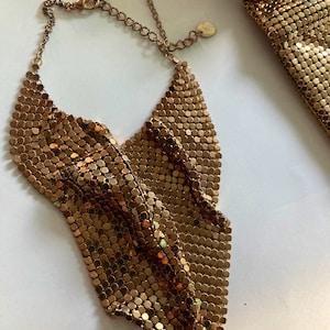 1970s Whiting & Davis Gold Mesh Chest Piece Slinky Sexy Disco Necklace