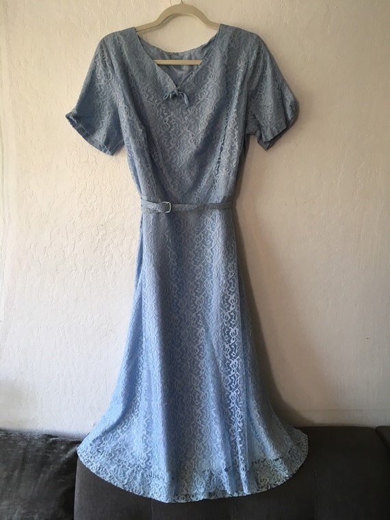 1960s Pastel Cornflower Blue Lace Belted Day Dress