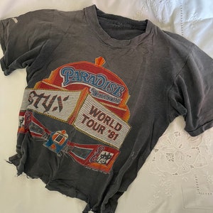 True Vintage 1980s Original Styx Rock Band Paradise Theatre 1981 World Tour Double Sided Thrashed Crop Concert Tee Shirt