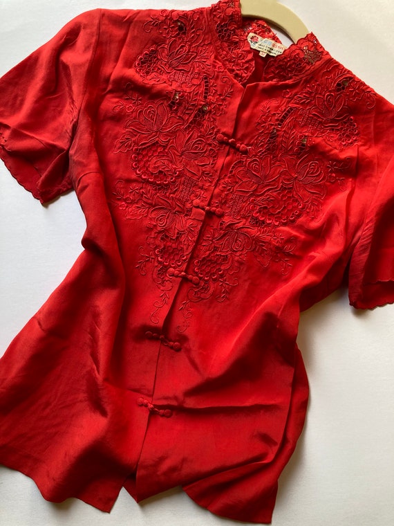 1940s Silk Hand Embroidered Bright Red Mandarin Bl