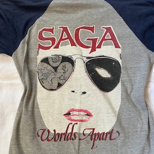 1980s Original 1981 Saga Concert Worlds Apart Tour Pop Rock Canada Band Double Sided Raglam Ringer Tee Shirt RARE