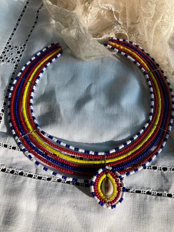 1970s Masai African Tribal Colorful Beaded Shell Collar Necklace