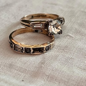 1930s Art Nouveau Art Deco GF Gold Filled & Faceted Czech Glass Engagement + Wedding Rings Duo Signed