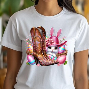 イースターバニーのデジタルデザイン - かわいいウエスタンブーツと帽子のイースターエッグ、Tシャツ、マグカップ、昇華クラフト用の印刷可能なPNG - Fête de Pâques Chic