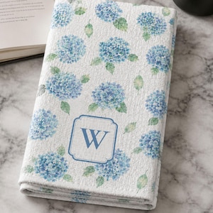 Hydrangea Monogram Tea Towel Wedding Gift Blue Floral Personalized Cottagecore Housewarming Gift for New Homeowner Custom Hostess Gift Idea