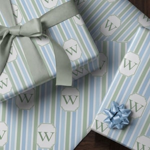 Elegant Coastal Wrapping Paper Blue Stripe Pattern Personalized Monogram Gift Wrap Custom Design Soft Blue Sage Cream Neutral Palette Premium Thick Paper High Definition Print Baby Shower Birthday Gift Neutral Gender Fine Art Quality Paper