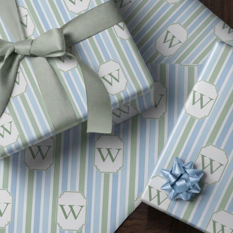 Elegant Coastal Wrapping Paper Blue Stripe Pattern Personalized Monogram Gift Wrap Custom Design Soft Blue Sage Cream Neutral Palette Premium Thick Paper High Definition Print Baby Shower Birthday Gift Neutral Gender Fine Art Quality Paper