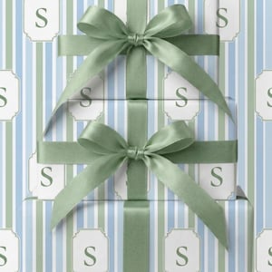 Gift Wrapping Paper Custom Monogram Personalized Design Baby Shower Birthday Neutral Gender Blue Stripe Elegant Pattern Coastal Soft Hues Blue Sage Cream Neutral Palette Premium Thick Paper High Definition Print Fine Art Quality