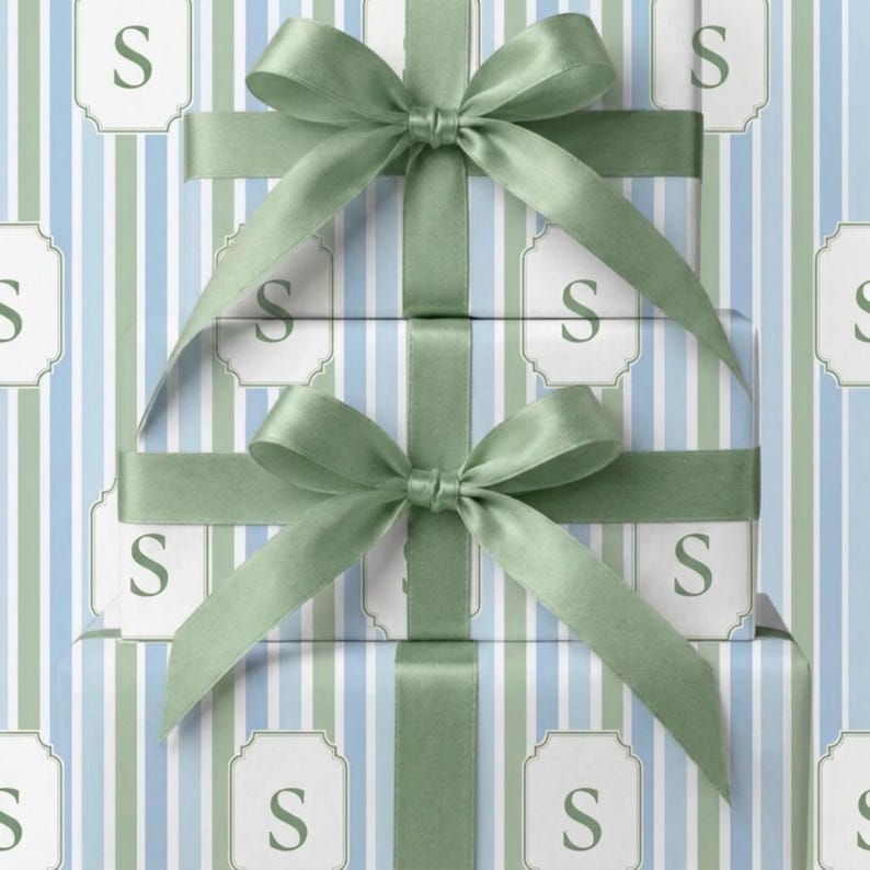 Gift Wrapping Paper Custom Monogram Personalized Design Baby Shower Birthday Neutral Gender Blue Stripe Elegant Pattern Coastal Soft Hues Blue Sage Cream Neutral Palette Premium Thick Paper High Definition Print Fine Art Quality