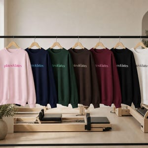 Woman Workout Crewneck Embroidered Fitness Apparel Studio Exercise Pullover Casual Athletic Top Pilates Sweatshirt Essential Studio Workout Comfortable Lifestyle Apparel Embroidered Design Detail Coffee Lover Enthusiast Merch Best Friend