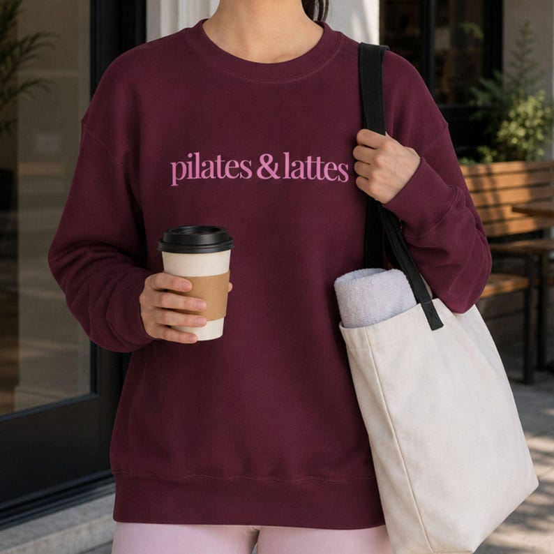Pilates Sweatshirt Woman Workout Crewneck Fitness Apparel Studio Exercise Pullover Casual Athletic Top Coffee Lover Gift Sister Birthday Maroon
