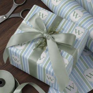 Custom Monogram Wrapping Paper Personalized Gift Wrap Blue Stripe Pattern Elegant Coastal Style Premium Quality Thick Paper High Definition Print Soft Sage Cream Blue Hues Neutral Palette Baby Shower Birthday Gift Wrapping Paper Glossy