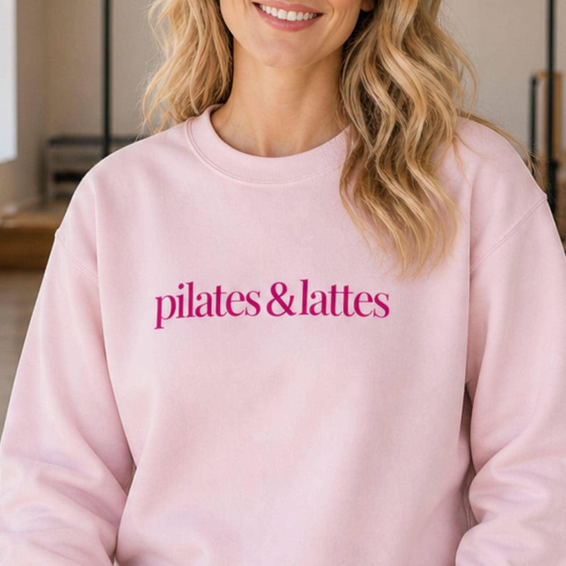 Pilates Sweatshirt Woman Workout Crewneck Embroidered Fitness Apparel Studio Exercise Pullover Casual Athletic Top Coffee Lover Gift Best Friend Birthday Present Pilates Enthusiast Merch Essential Lifestyle Apparel Comfortable Daily Wear