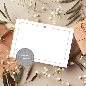 ハート型ノートカードの空白テンプレート、ありがとうメッセージ文房具、デジタルダウンロード、印刷可能なギフトカードデザイン、エレガントな通信用紙