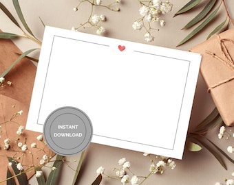 Heart Note Card Blank Template Thank You Message Stationery Digital Download Printable Gift Card Design Elegant Correspondence Writing Paper