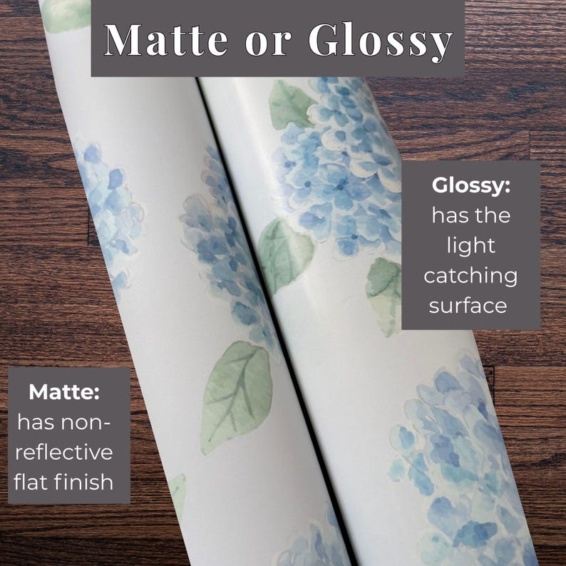 May include: Two rolls of wallpaper featuring a blue hydrangea floral pattern. Text labels indicate Matte or Glossy finishes, explaining that Matte has a non-reflective flat finish and Glossy has a light catching surface for the wallpaper.
