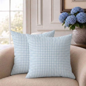 May include: Two square throw pillows featuring a light blue and white gingham check pattern. The pillows are arranged side by side, displaying a consistent grid design across their surfaces, with a soft texture and clean, straight edges.