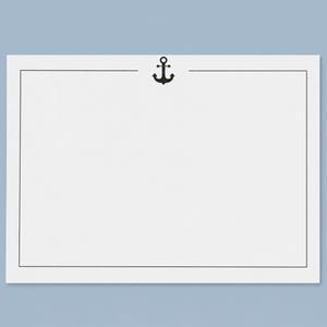May include: A rectangular white stationery card featuring a thin black border line. Centered at the top of the card, interrupting the border, is a small black anchor icon. The card has a clean, flat surface with ample white space for writing.