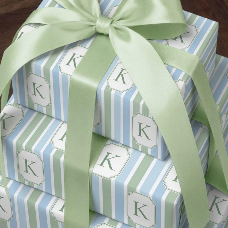 Custom Monogram Wrapping Paper Personalized Gift Wrap Blue Stripe Pattern Elegant Coastal Style Premium Quality Thick Paper High Definition Print Soft Sage Cream Blue Hues Neutral Palette Baby Shower Birthday Gift Wrapping Paper Glossy