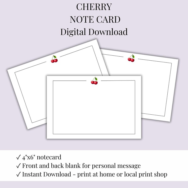 Printable Cherry Card Blank Template Thank You Note Stationery Writing ...