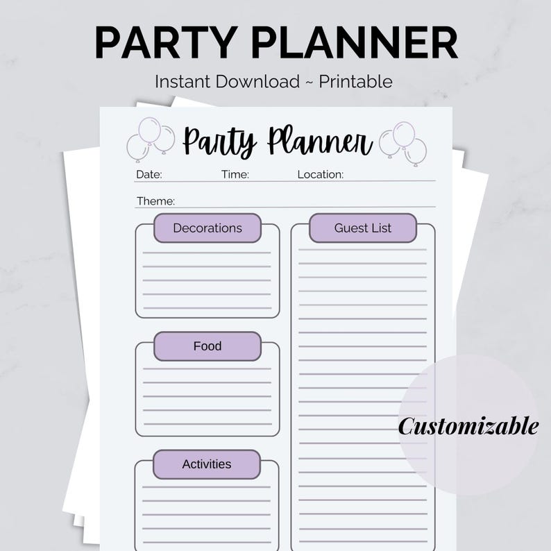 Customizable Party Planner Template for Printable Birthday Party ...