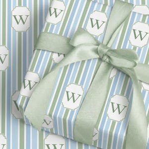 Personalized Wrapping Paper Custom Monogram Gift Wrap Elegant Blue Stripe Pattern Premium Quality Baby Shower Birthday Gift Neutral Gender Coastal Theme Soft Sage Cream Hues High Definition Print Thick Paper Material Glossy Matte Finish
