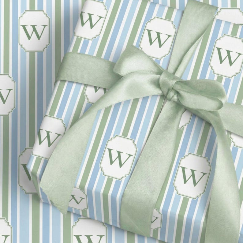 Personalized Wrapping Paper Custom Monogram Gift Wrap Elegant Blue Stripe Pattern Premium Quality Baby Shower Birthday Gift Neutral Gender Coastal Theme Soft Sage Cream Hues High Definition Print Thick Paper Material Glossy Matte Finish