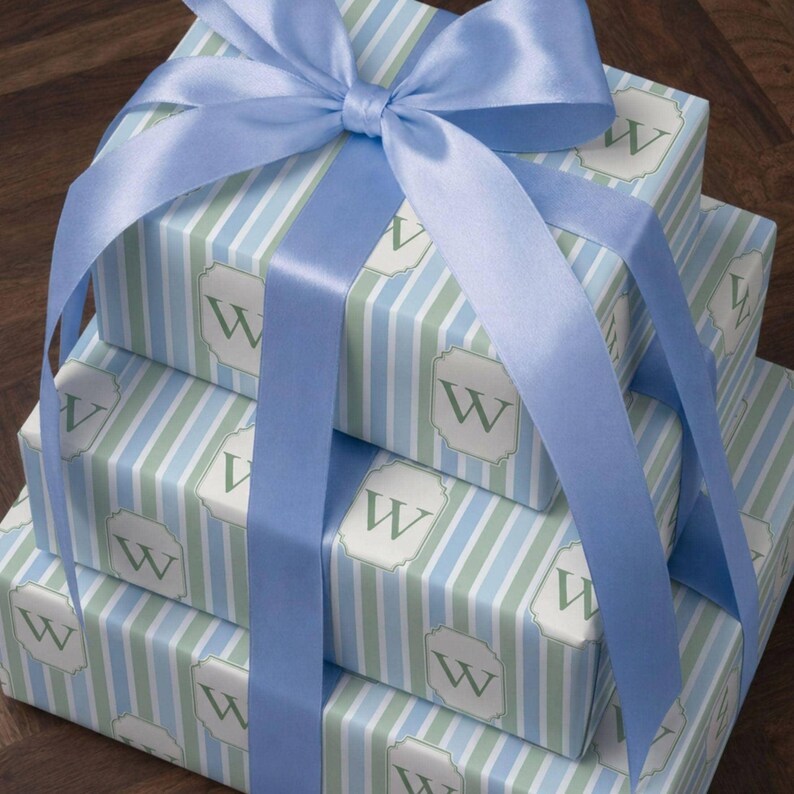 Elegant Coastal Wrapping Paper Blue Stripe Pattern Personalized Monogram Gift Wrap Custom Design Soft Blue Sage Cream Neutral Palette Premium Thick Paper High Definition Print Baby Shower Birthday Gift Neutral Gender Fine Art Quality Paper