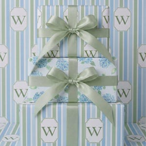 Premium Wrapping Paper Thick Material High Quality Personalized Monogram Design Elegant Blue Stripe Pattern High Definition Print Fine Art Paper Coastal Neutral Soft Sage Cream Hues Baby Shower Birthday Gift Wrap Custom Glossy Matte Finish