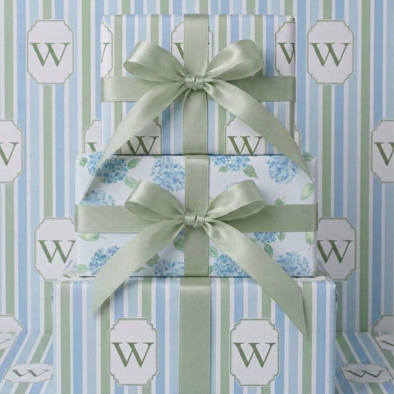 Premium Wrapping Paper Thick Material High Quality Personalized Monogram Design Elegant Blue Stripe Pattern High Definition Print Fine Art Paper Coastal Neutral Soft Sage Cream Hues Baby Shower Birthday Gift Wrap Custom Glossy Matte Finish