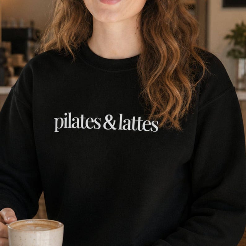 Pilates Sweatshirt Woman Workout Crewneck Fitness Apparel Studio Exercise Pullover Casual Athletic Top Coffee Lover Gift Sister Birthday Black