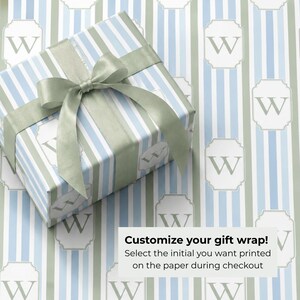 Premium Wrapping Paper Thick Material High Quality Personalized Monogram Design Elegant Blue Stripe Pattern High Definition Print Fine Art Paper Coastal Neutral Soft Sage Cream Hues Baby Shower Birthday Gift Wrap Custom Glossy Matte Finish