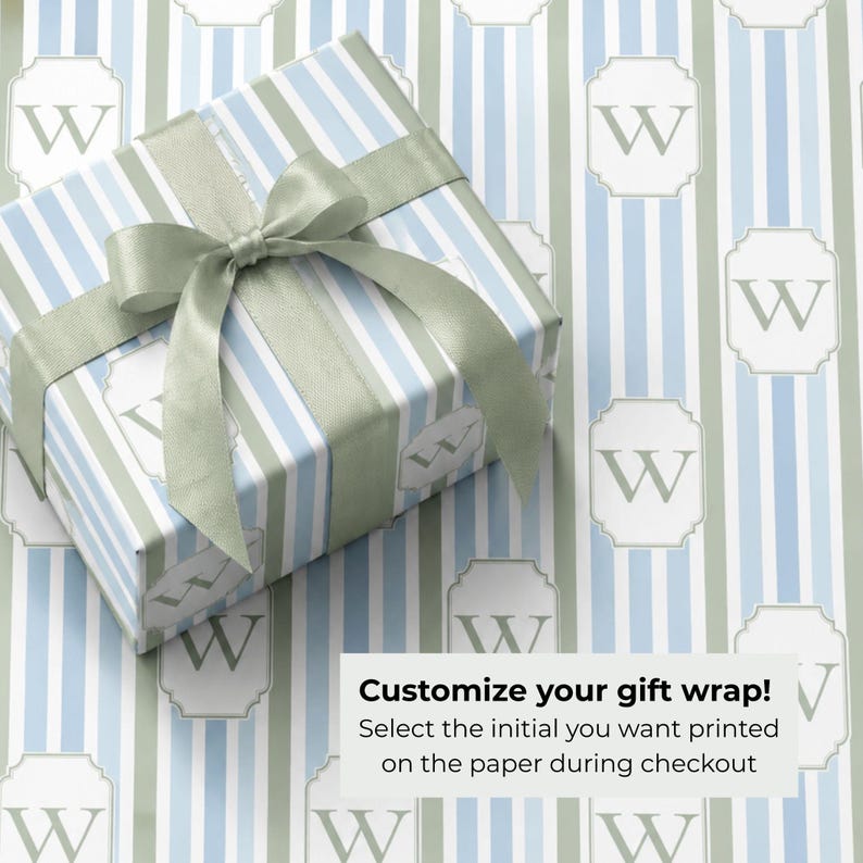 Premium Wrapping Paper Thick Material High Quality Personalized Monogram Design Elegant Blue Stripe Pattern High Definition Print Fine Art Paper Coastal Neutral Soft Sage Cream Hues Baby Shower Birthday Gift Wrap Custom Glossy Matte Finish