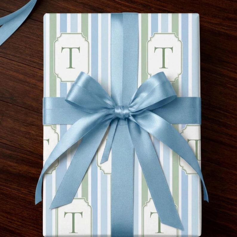 Custom Monogram Wrapping Paper Personalized Gift Wrap Blue Stripe Pattern Elegant Coastal Style Premium Quality Thick Paper High Definition Print Soft Sage Cream Blue Hues Neutral Palette Baby Shower Birthday Gift Wrapping Paper Glossy