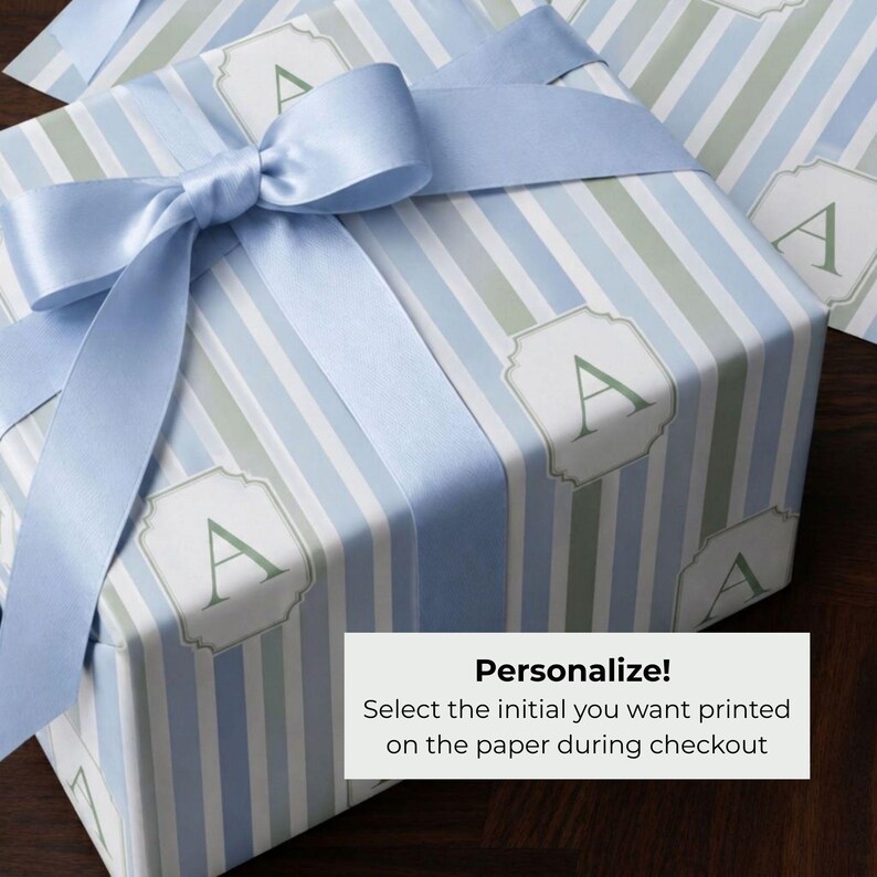 Personalized Wrapping Paper Custom Monogram Gift Wrap Elegant Blue Stripe Pattern Premium Quality Baby Shower Birthday Gift Neutral Gender Coastal Theme Soft Sage Cream Hues High Definition Print Thick Paper Material Glossy Matte Finish