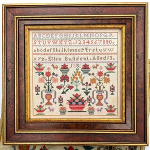 以下が含まれることがあります： 白い背景にカラフルな刺繍が施された額装されたサンプラー。刺繍には、さまざまな花、花瓶、果物の入ったバスケットが描かれています。サンプラーには、アルファベット、数字、そして「Ellen Bullifent」という名前と「1881」という日付も含まれています。