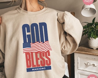 USA Mahjong Flag SweatShirt, 4th July Mahjong Shirt, 250th USA Anniversary Mahjong Gift, Mahjong Tournament, Retro USA American Mahjong