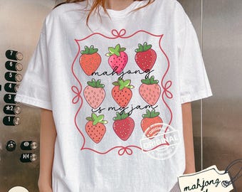 Mahjong Cottagecore Shirt, Strawberry Mahjong Shirt, Botanical Mahjong Tile Shirt, Mahjong Tee, Mahjong Ladies Gift, Girls Game Night Shirt