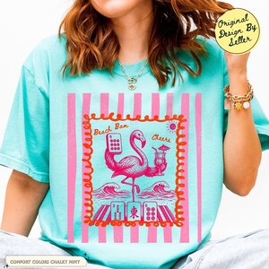 Flamingo Beach Bam Cheers Preppy Mahjong Shirt, Matching Mahgirls Weekend Tee, Coastal Mahjong Vacation Shirt, Girls Trip Mahjong Night image 5