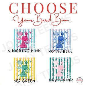 May include: A graphic design featuring the text "CHOOSE Your Bird Bam..." above four peacock illustrations in different colors: shocking pink, royal blue, sea green, and dusty pink. Each design includes a cocktail glass and the words "bird ban cheers club."