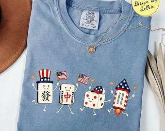 4th July Mahjong Shirt, 250th Anniversary Mahjong Tee, Patriotic Mahjong Tiles Shirt, Mahjong Tournament Gift, Retro Doodle Cute Mahj Tee