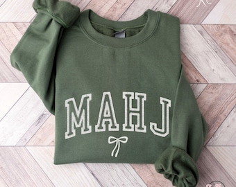 Embroidered Mahj Embroidered Sweatshirt, Bold Classic Font Mahj Shirt, Mahjong Bow Sweater Embroidered