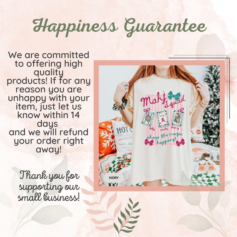 May include: Ivory-colored t-shirt with the text "Mahj Squad" in pink and green, featuring three playing cards. The shirt also includes the phrase "where the magic happens!" and the word "IVORY".