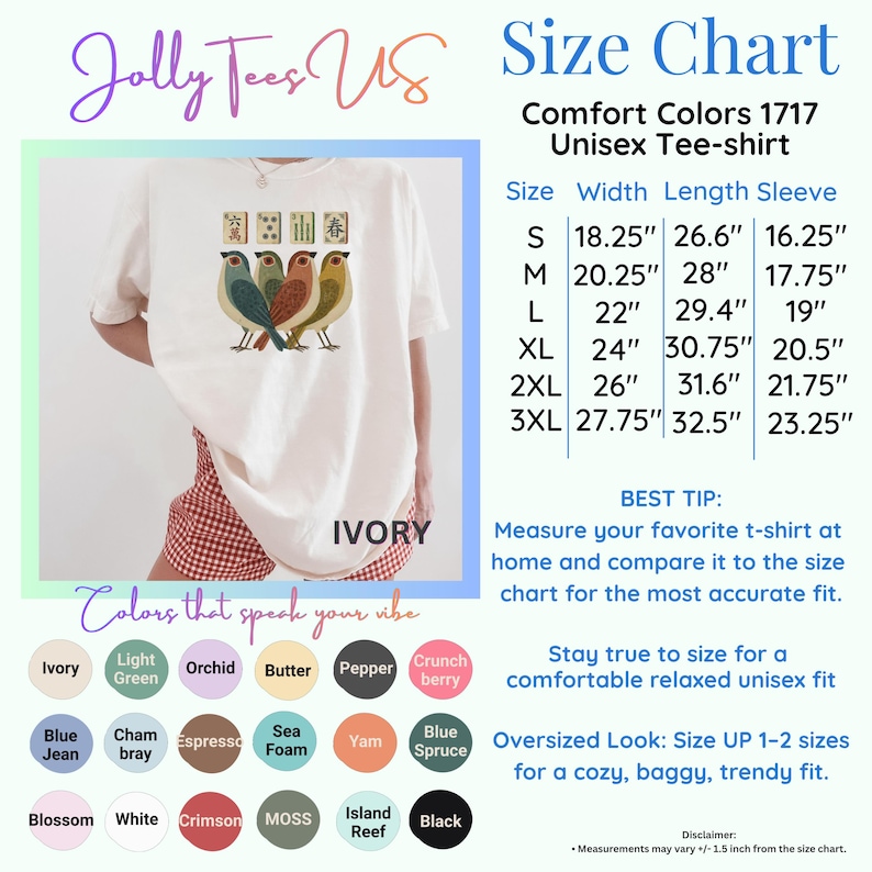 May include: An ivory t-shirt featuring a graphic of four birds and four mahjong tiles. The image includes a size chart with measurements in inches for sizes S through 3XL, and a color palette showing various available shirt colors.
