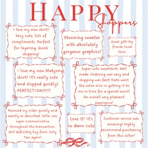 May include: A graphic with the words "HAPPY Shoppers" in red. Several customer reviews are displayed in decorative frames, praising the products and service. The background has blue and white vertical stripes.